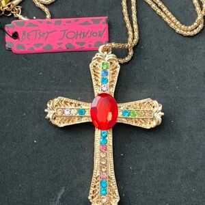 Betsey Johnson Elegant Gold Cross Pendant with Multicolor Gemstones